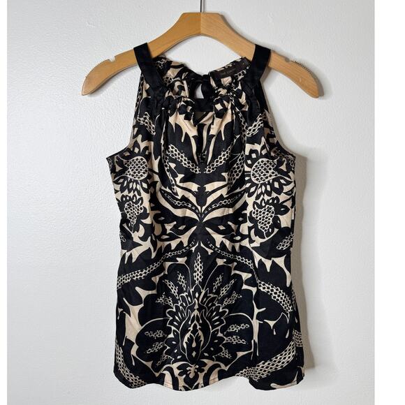 The Limited Tops - The Limited XS Black Tan Floral Dressy Halter Top Keyhole Neck Tie-Back Blouse